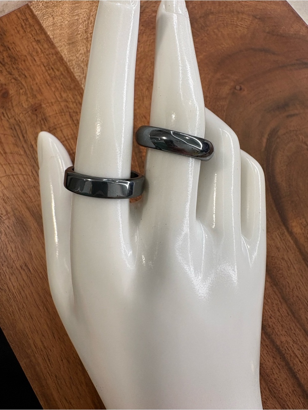 Set of Two Hematite Tone Dome Rings - Grey Metallic. Size 8 and 8.5.